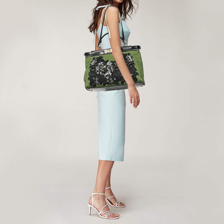 Pre Owned Fendi Green/Black Canvas and Leather Beaded Large Peekaboo Top Handle Bag