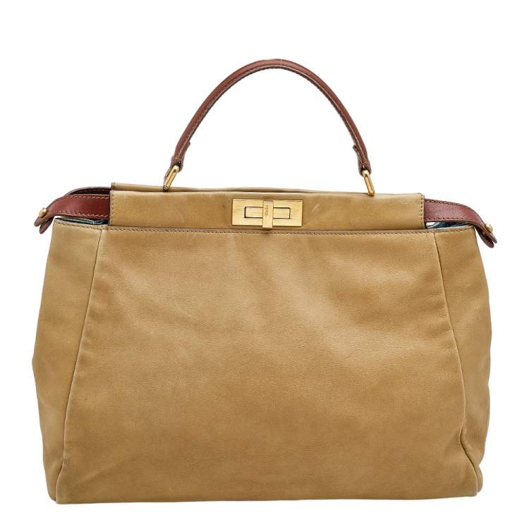 Pre Owned Fendi Beige/Brown Leather Large Peekaboo Top Handle Bag