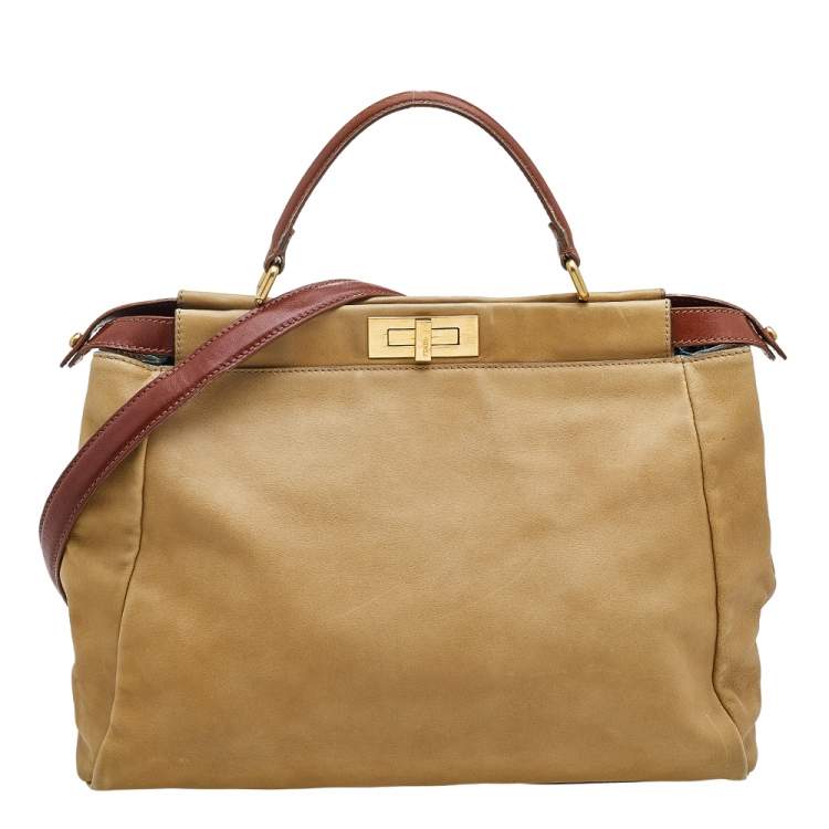 Pre Owned Fendi Beige/Brown Leather Large Peekaboo Top Handle Bag