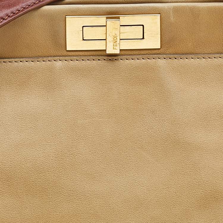 Pre Owned Fendi Beige/Brown Leather Large Peekaboo Top Handle Bag
