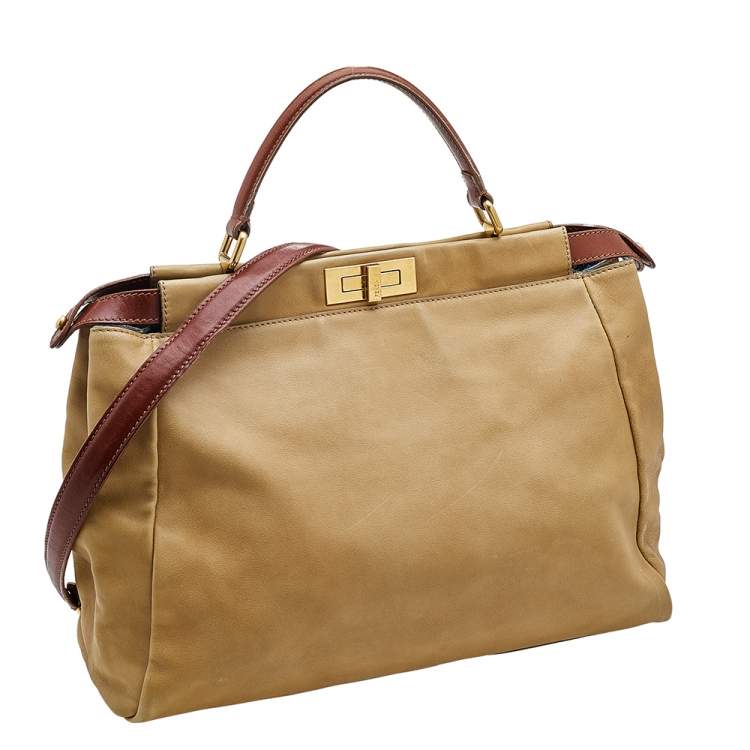 Pre Owned Fendi Beige/Brown Leather Large Peekaboo Top Handle Bag
