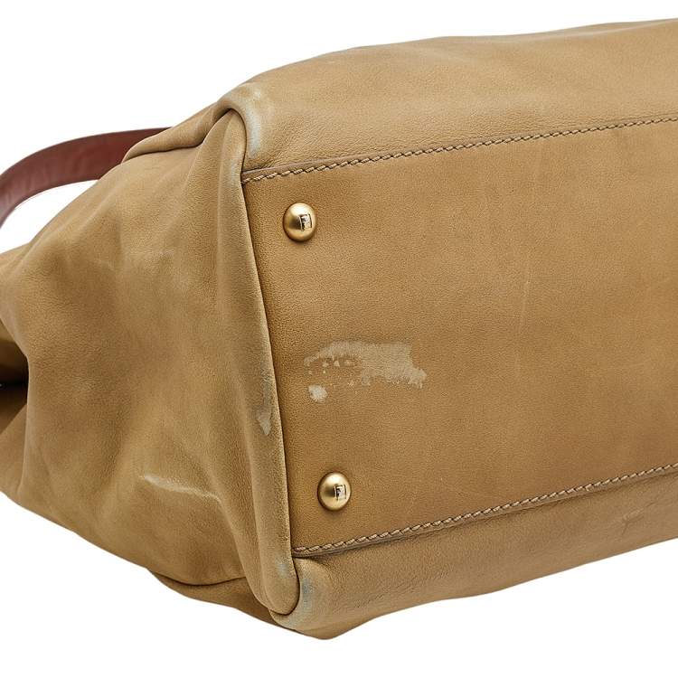 Pre Owned Fendi Beige/Brown Leather Large Peekaboo Top Handle Bag