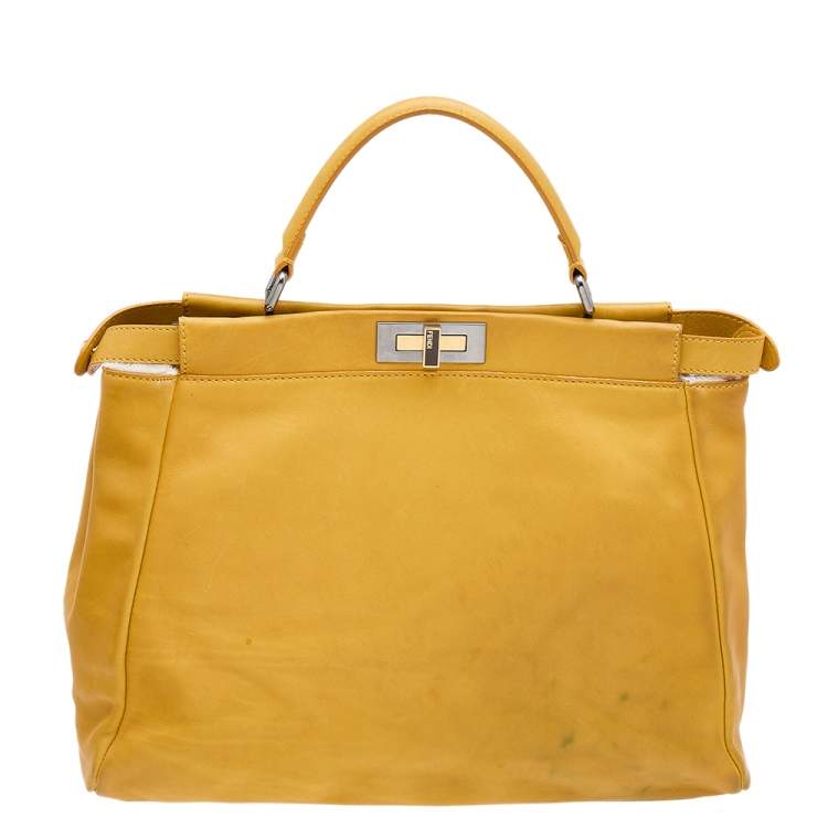 Pre Owned Fendi Yellow Leather Large Peekaboo Top Handle Bag