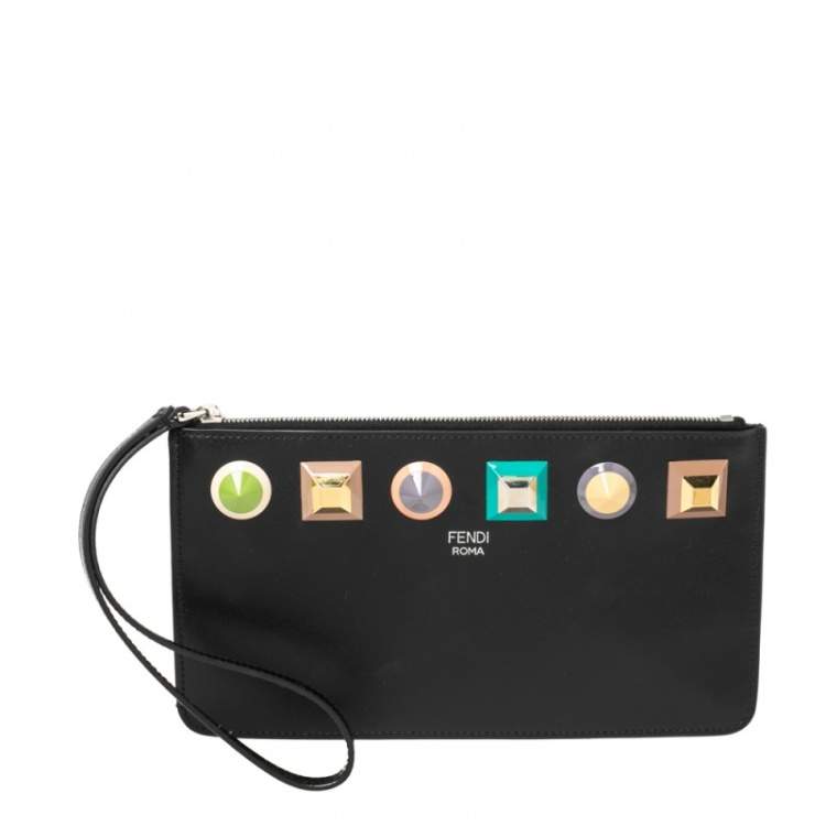 Pre Owned Fendi Black Leather Studded Wristlet Slim Clutch