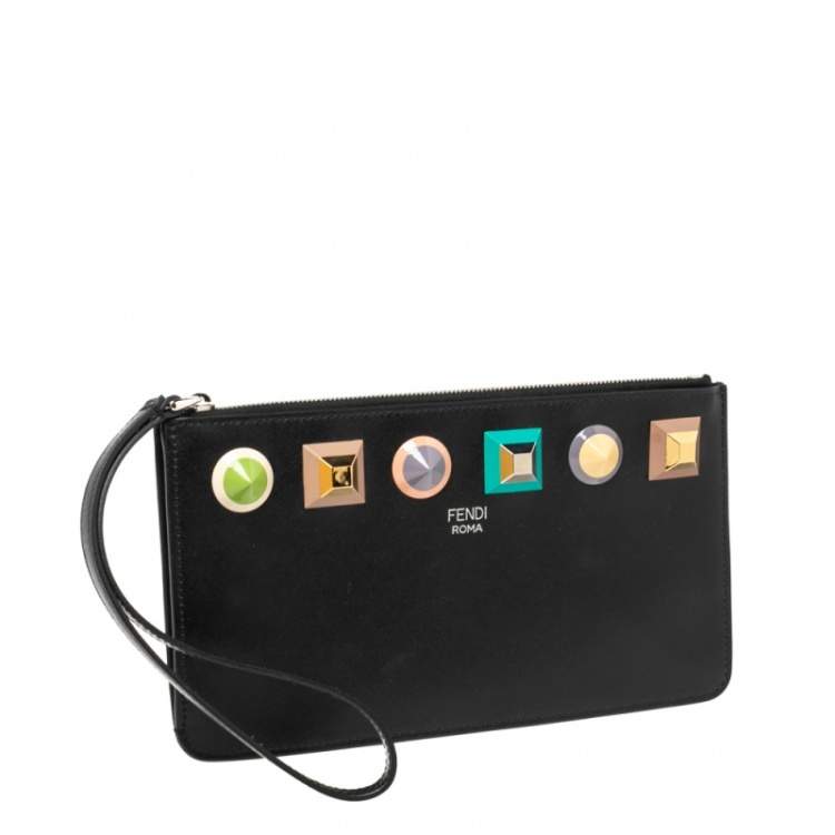 Pre Owned Fendi Black Leather Studded Wristlet Slim Clutch