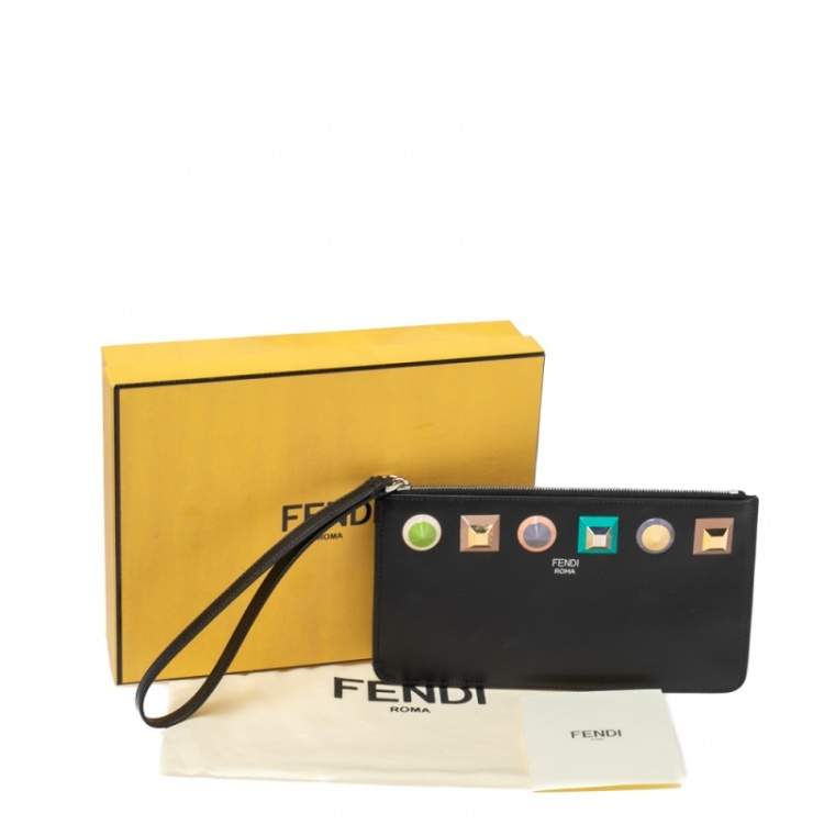 Pre Owned Fendi Black Leather Studded Wristlet Slim Clutch