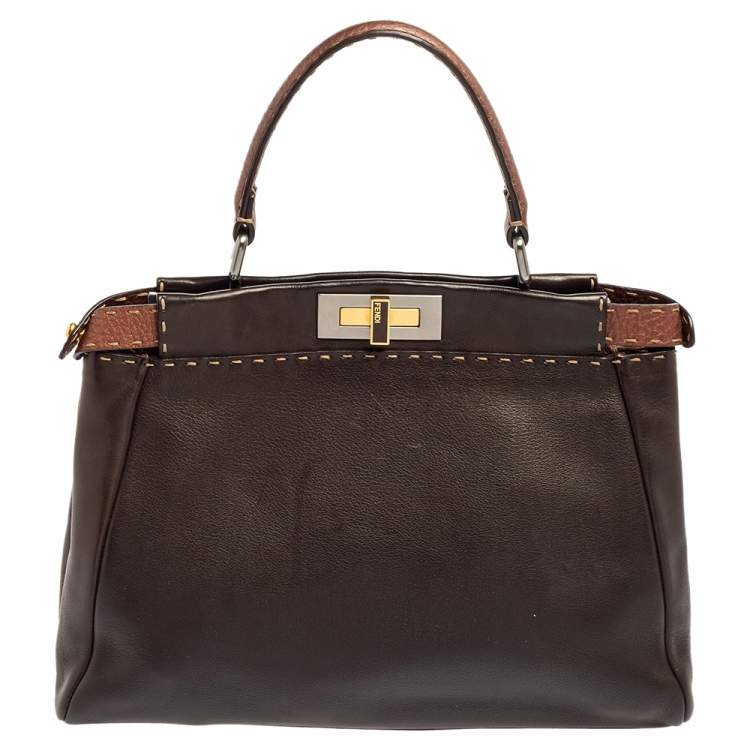 Pre Owned Fendi Dark Brown Leather Small Peekaboo Top Handle Bag