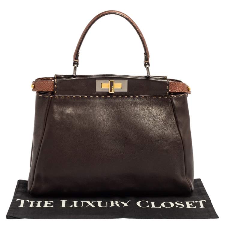 Pre Owned Fendi Dark Brown Leather Small Peekaboo Top Handle Bag