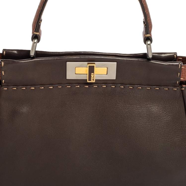 Pre Owned Fendi Dark Brown Leather Small Peekaboo Top Handle Bag