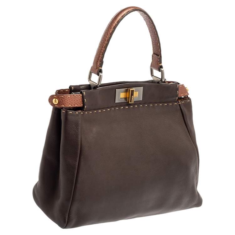 Pre Owned Fendi Dark Brown Leather Small Peekaboo Top Handle Bag