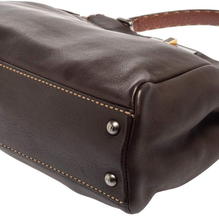 Pre Owned Fendi Dark Brown Leather Small Peekaboo Top Handle Bag