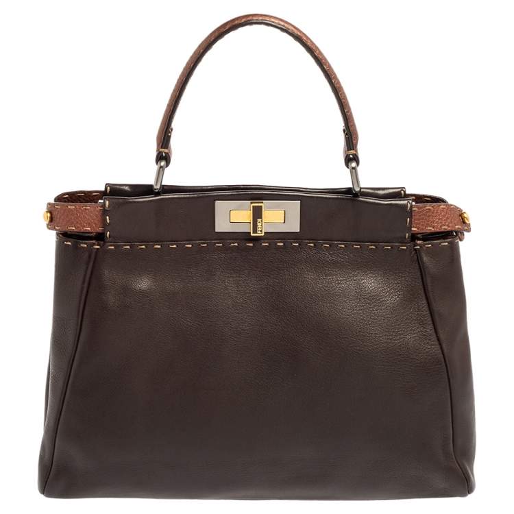 Pre Owned Fendi Dark Brown Leather Small Peekaboo Top Handle Bag