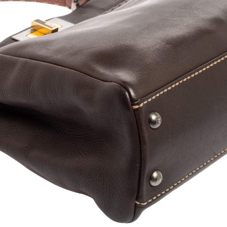 Pre Owned Fendi Dark Brown Leather Small Peekaboo Top Handle Bag