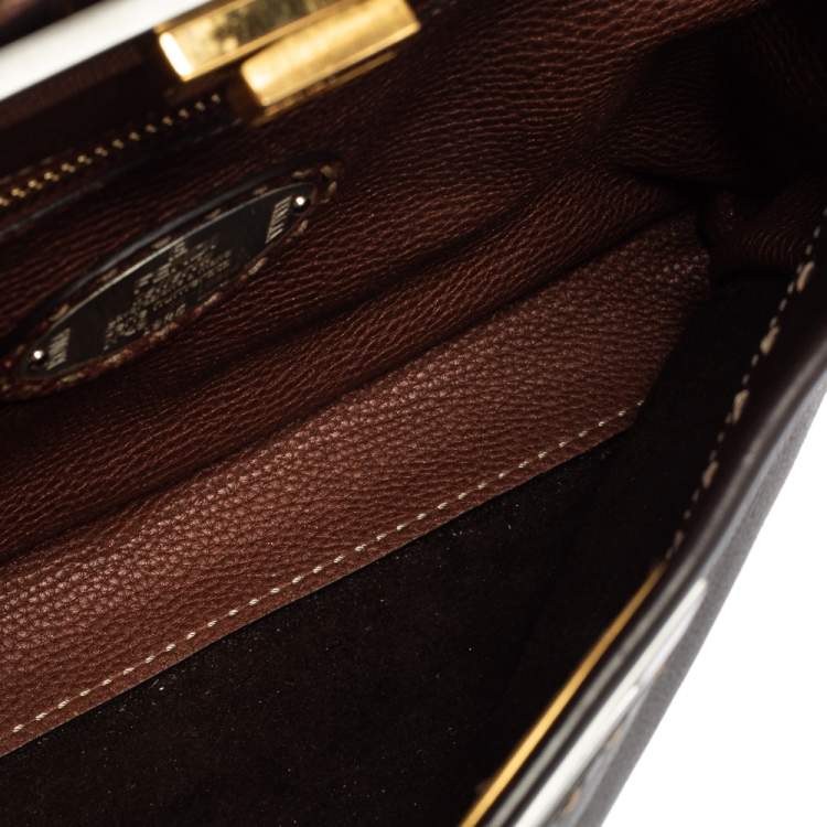 Pre Owned Fendi Dark Brown Leather Small Peekaboo Top Handle Bag