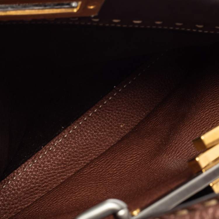 Pre Owned Fendi Dark Brown Leather Small Peekaboo Top Handle Bag