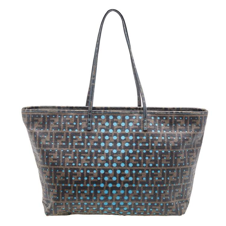 Pre Owned Fendi Tobacco/Blue Zucca Coated Canvas Perforated Spalmati Roll Shopper Tote