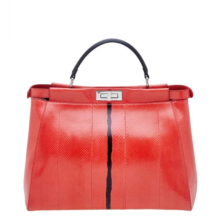 Pre Owned Fendi Orange/Black Watersnake Large Peekaboo Top Handle Bag