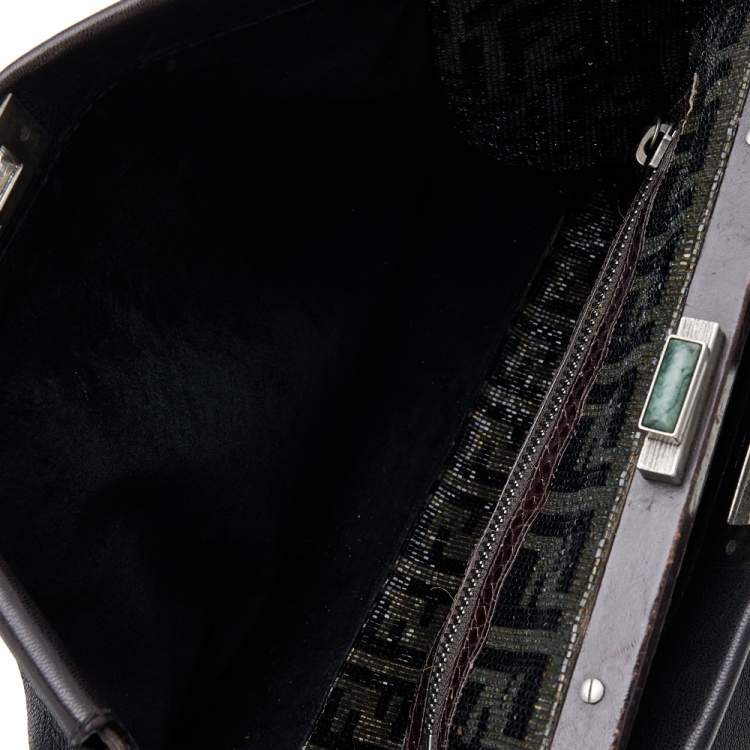 Pre Owned Fendi Black/Dark Brown Leather Large Peekaboo Top Handle Bag
