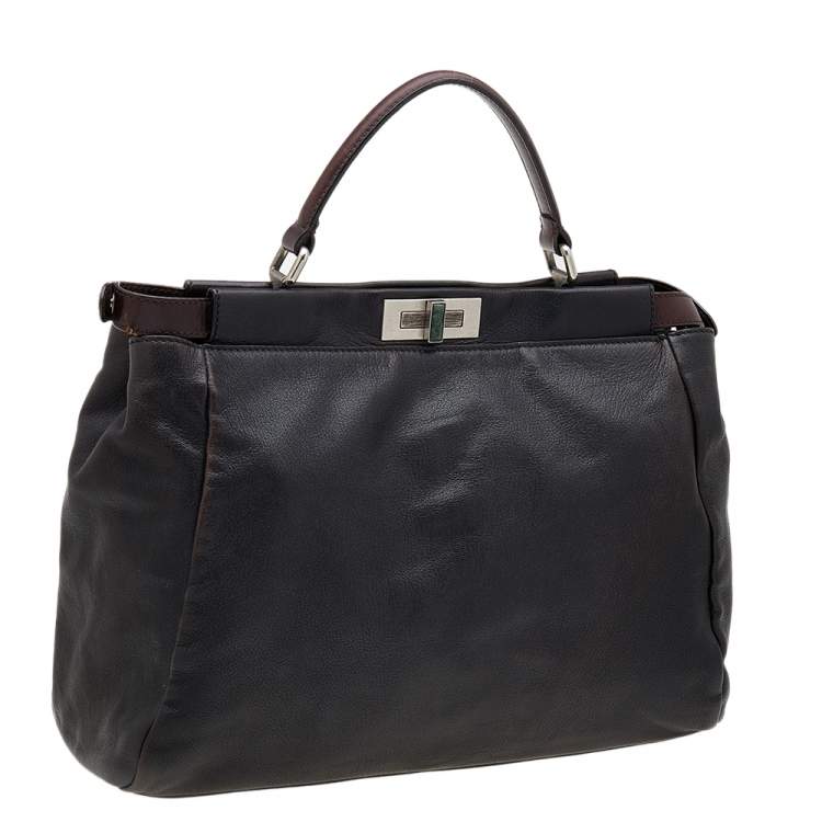 Pre Owned Fendi Black/Dark Brown Leather Large Peekaboo Top Handle Bag