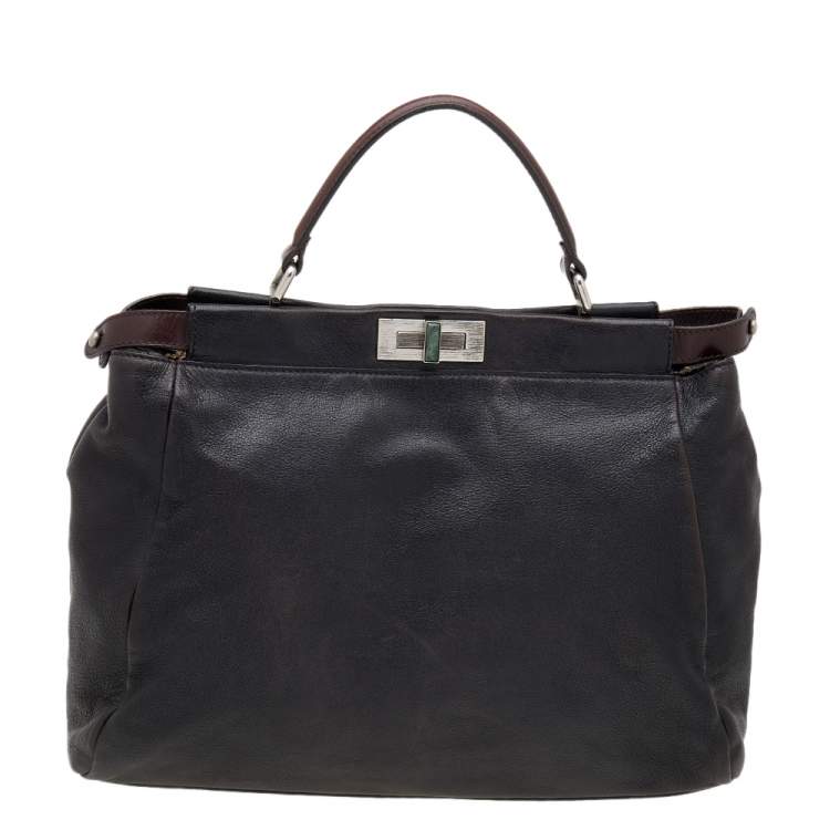 Pre Owned Fendi Black/Dark Brown Leather Large Peekaboo Top Handle Bag