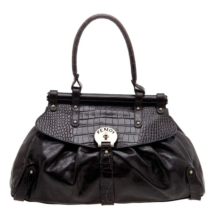 Pre Owned Fendi Brown Croc Embossed Leather Magic Top Handle Bag