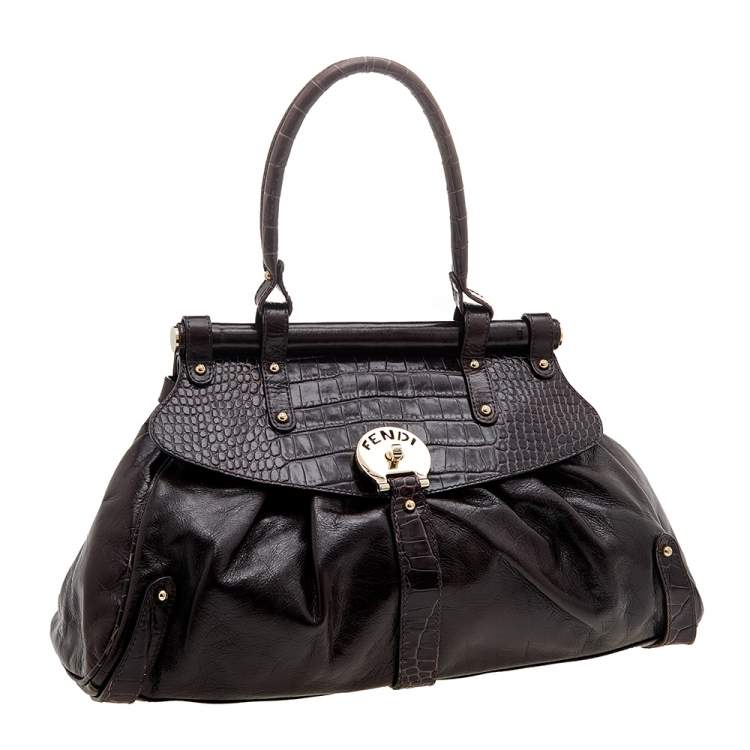 Pre Owned Fendi Brown Croc Embossed Leather Magic Top Handle Bag