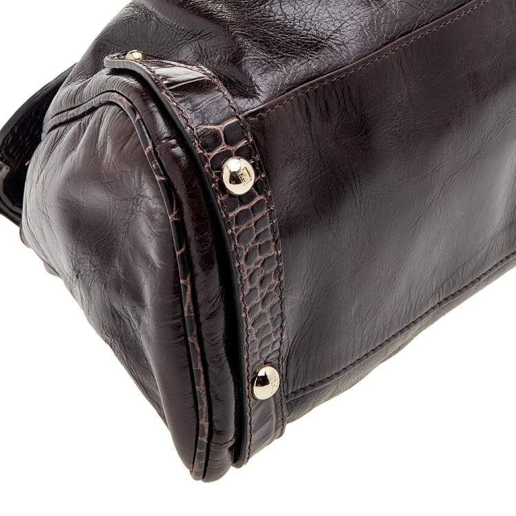 Pre Owned Fendi Brown Croc Embossed Leather Magic Top Handle Bag