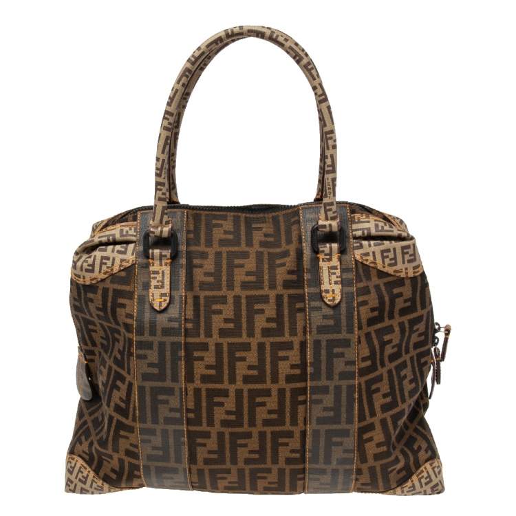 Pre Owned Fendi Tobacco Zucca Coated and Canvas Mixed Media Satchel 