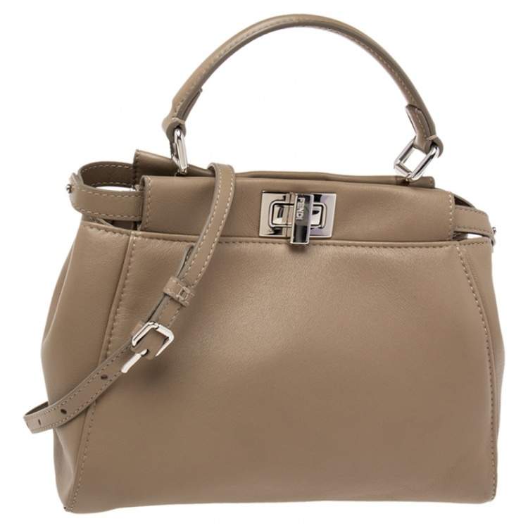 Pre Owned Fendi Beige Leather Mini Peekaboo Top Handle Bag