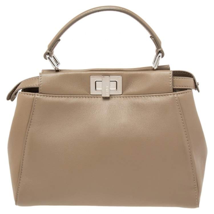 Pre Owned Fendi Beige Leather Mini Peekaboo Top Handle Bag