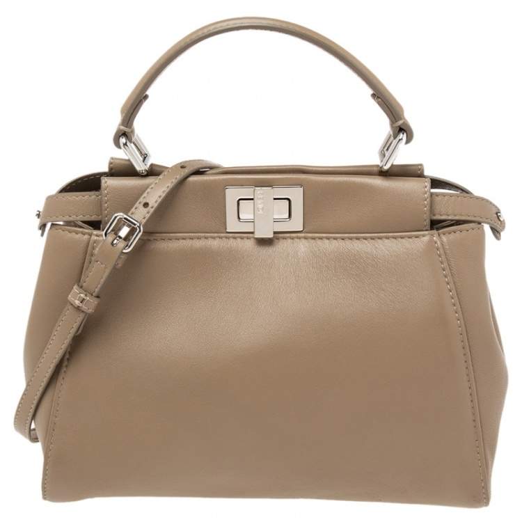 Pre Owned Fendi Beige Leather Mini Peekaboo Top Handle Bag