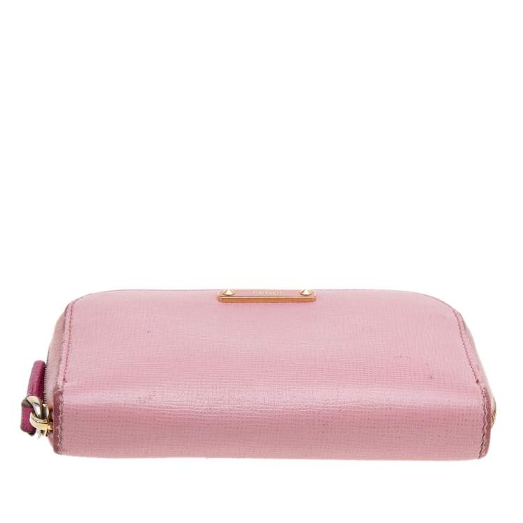Pre Owned Fendi Pink Leather Zip Around Compact Wallet