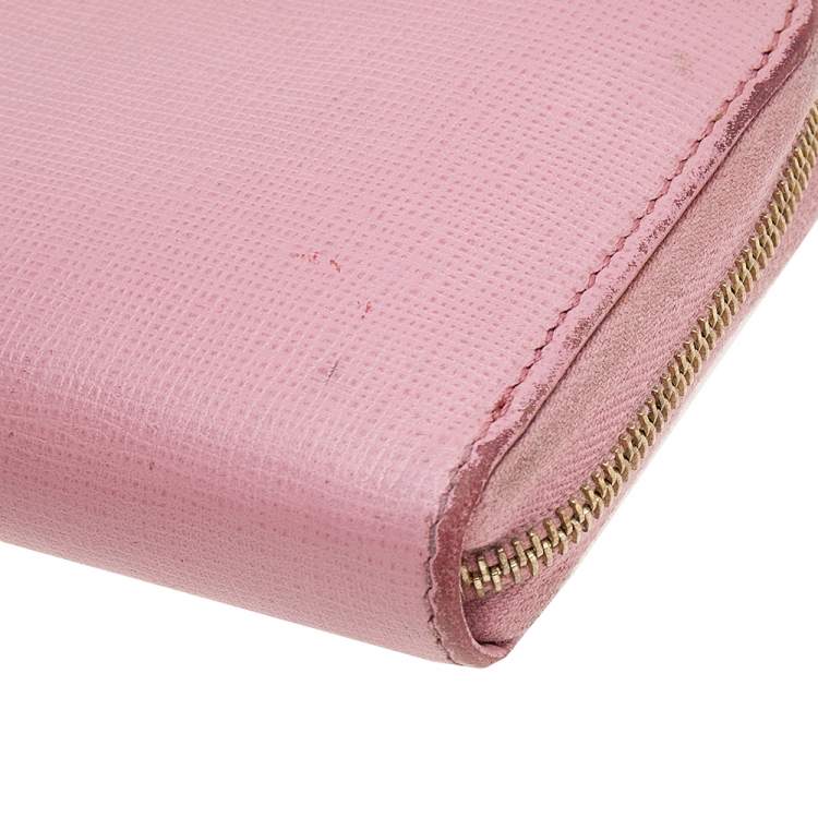 Pre Owned Fendi Pink Leather Zip Around Compact Wallet