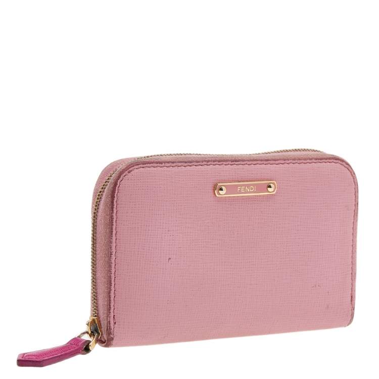 Pre Owned Fendi Pink Leather Zip Around Compact Wallet