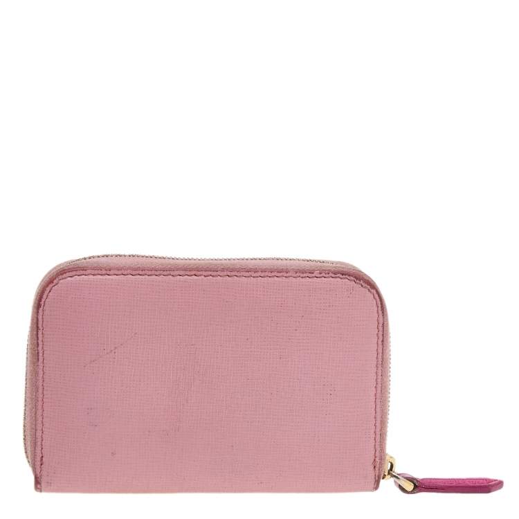 Pre Owned Fendi Pink Leather Zip Around Compact Wallet
