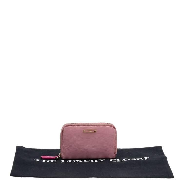 Pre Owned Fendi Pink Leather Zip Around Compact Wallet