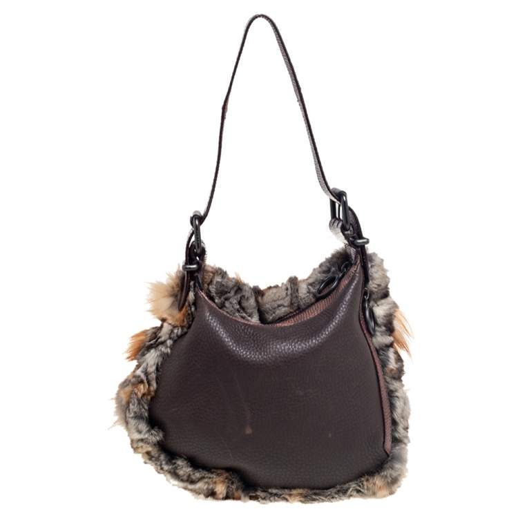 Pre Owned Fendi Brown Chinchilla Fur and Lizard Oyster Hobo