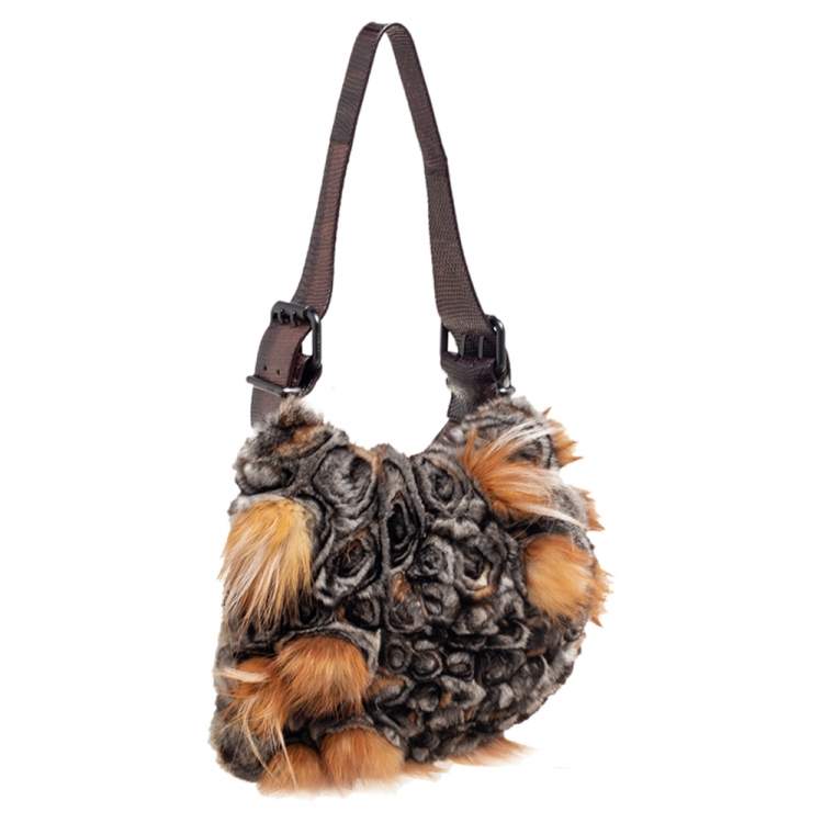 Pre Owned Fendi Brown Chinchilla Fur and Lizard Oyster Hobo