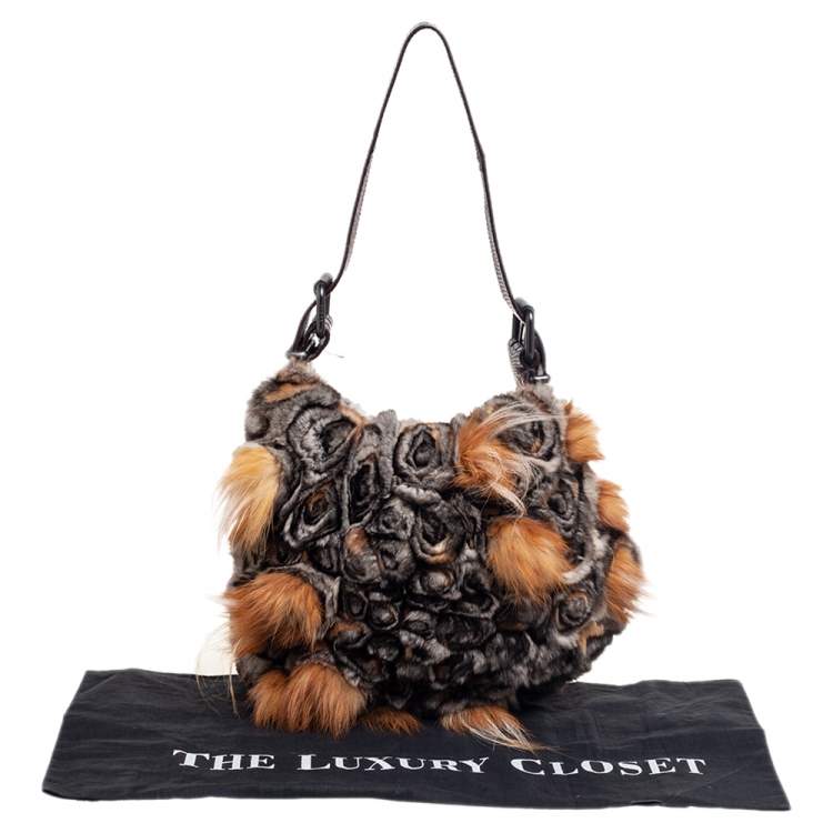 Pre Owned Fendi Brown Chinchilla Fur and Lizard Oyster Hobo