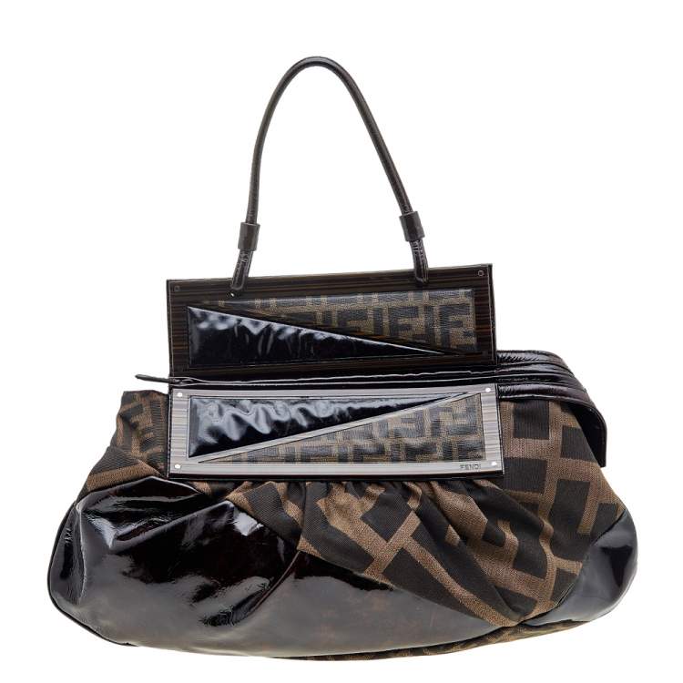 Pre Owned Fendi Tobacco Patent Leather and Zucca Canvas To You Top Handle Bag