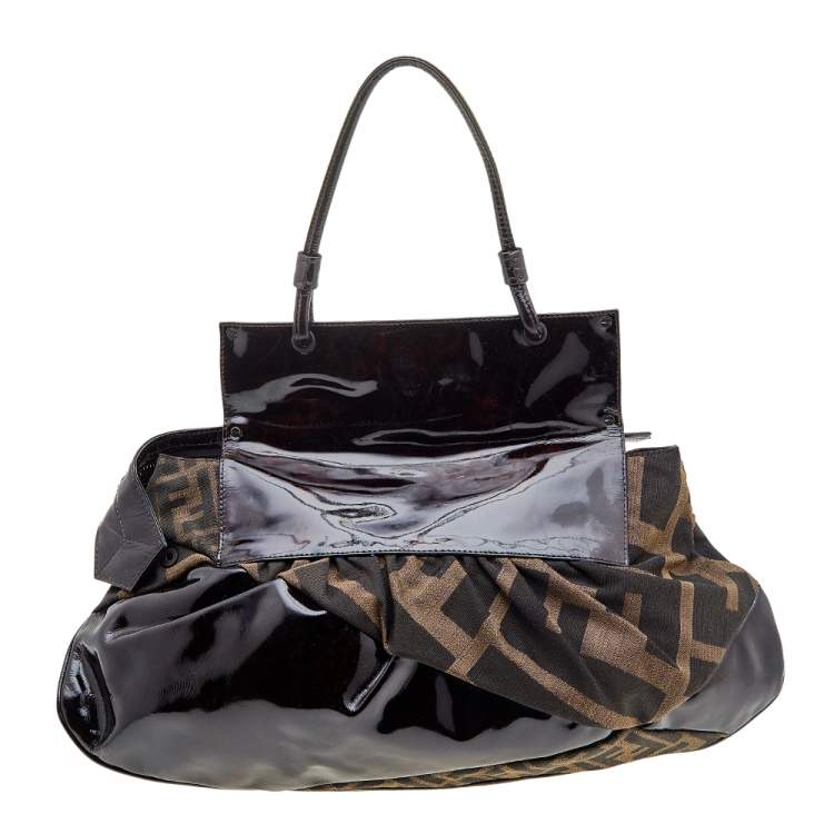 Pre Owned Fendi Tobacco Patent Leather and Zucca Canvas To You Top Handle Bag