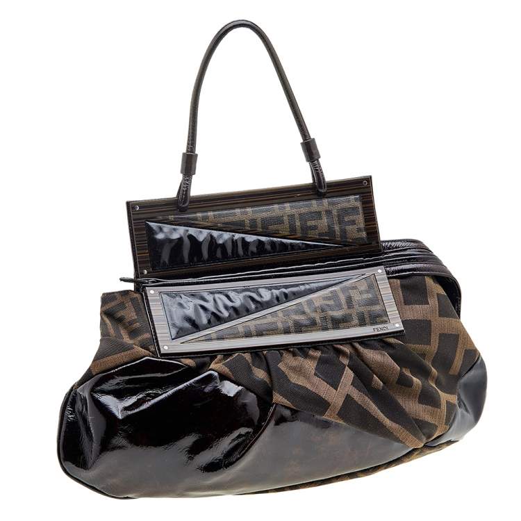 Pre Owned Fendi Tobacco Patent Leather and Zucca Canvas To You Top Handle Bag