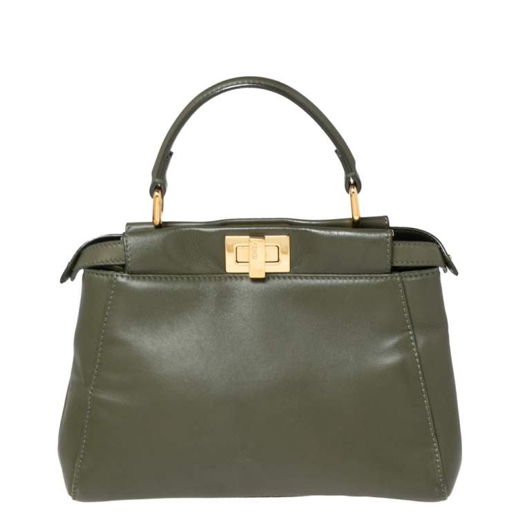 Pre Owned Fendi Olive Green Leather Mini Peekaboo Top Handle Bag