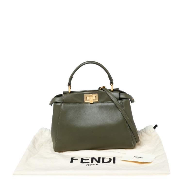 Pre Owned Fendi Olive Green Leather Mini Peekaboo Top Handle Bag