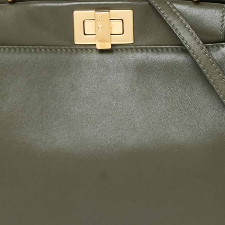 Pre Owned Fendi Olive Green Leather Mini Peekaboo Top Handle Bag