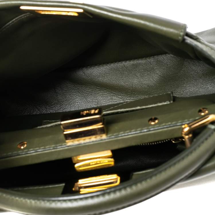Pre Owned Fendi Olive Green Leather Mini Peekaboo Top Handle Bag
