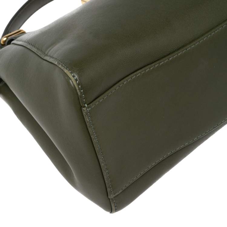 Pre Owned Fendi Olive Green Leather Mini Peekaboo Top Handle Bag