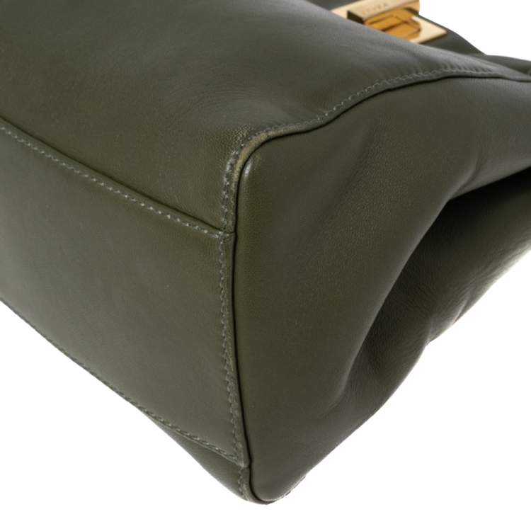 Pre Owned Fendi Olive Green Leather Mini Peekaboo Top Handle Bag