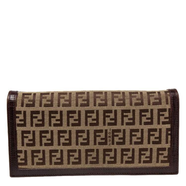 Pre Owned Fendi Beige/Brown Zucchino Canvas and Leather Flap Continental Wallet