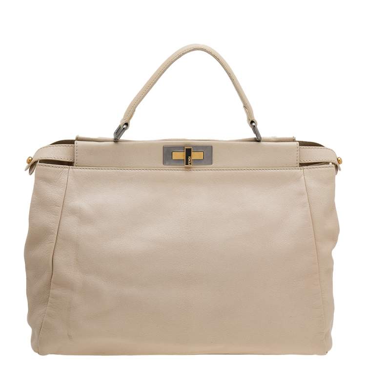 Pre Owned Fendi Cream Leather Large Peekaboo Top Handle Bag